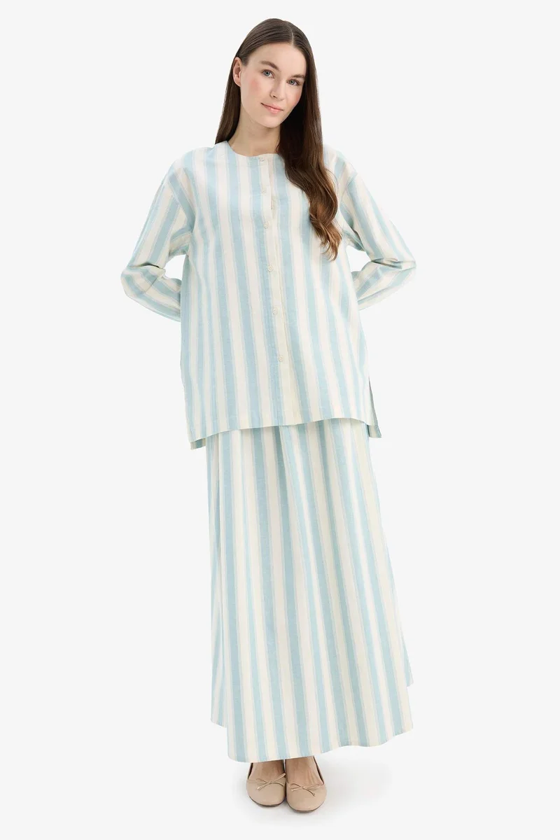 ديفاكتو A-Line Striped Linen Blend Maxi Skirt