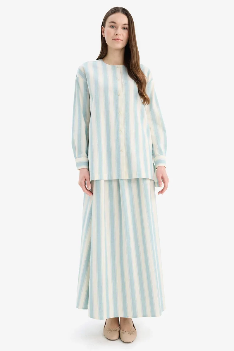 ديفاكتو A-Line Striped Linen Blend Maxi Skirt