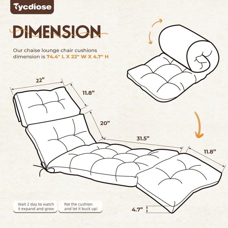 Tycdiose Outdoor Chaise Lounge Chair Cushion Waterproof 74.4 x 22 x 4.7 Inches Memory Foam Lounge Chair Cushions Replacement for Outdoor Furniture with Ties, Thickened Pool Lounge Chair Cushions, Grey - Image 2