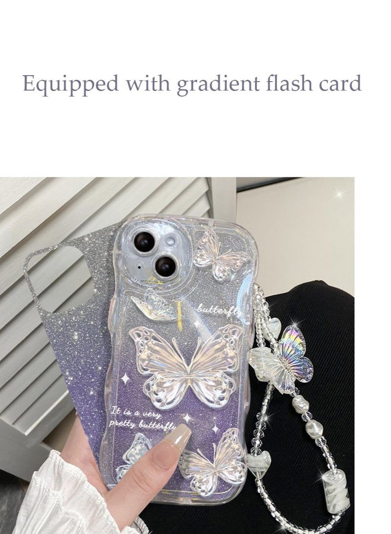 إكس ليفيل غطاء حافظة آيفون 15 بنمط الفراشة مع واقي عدسة الكاميرا حبل حامي حزام معصم مضاد للسقوط للنساء الفتيات، غطاء حماية كامل من مادة TPU الناعمة من الخلف مريح الملمس - Image 4