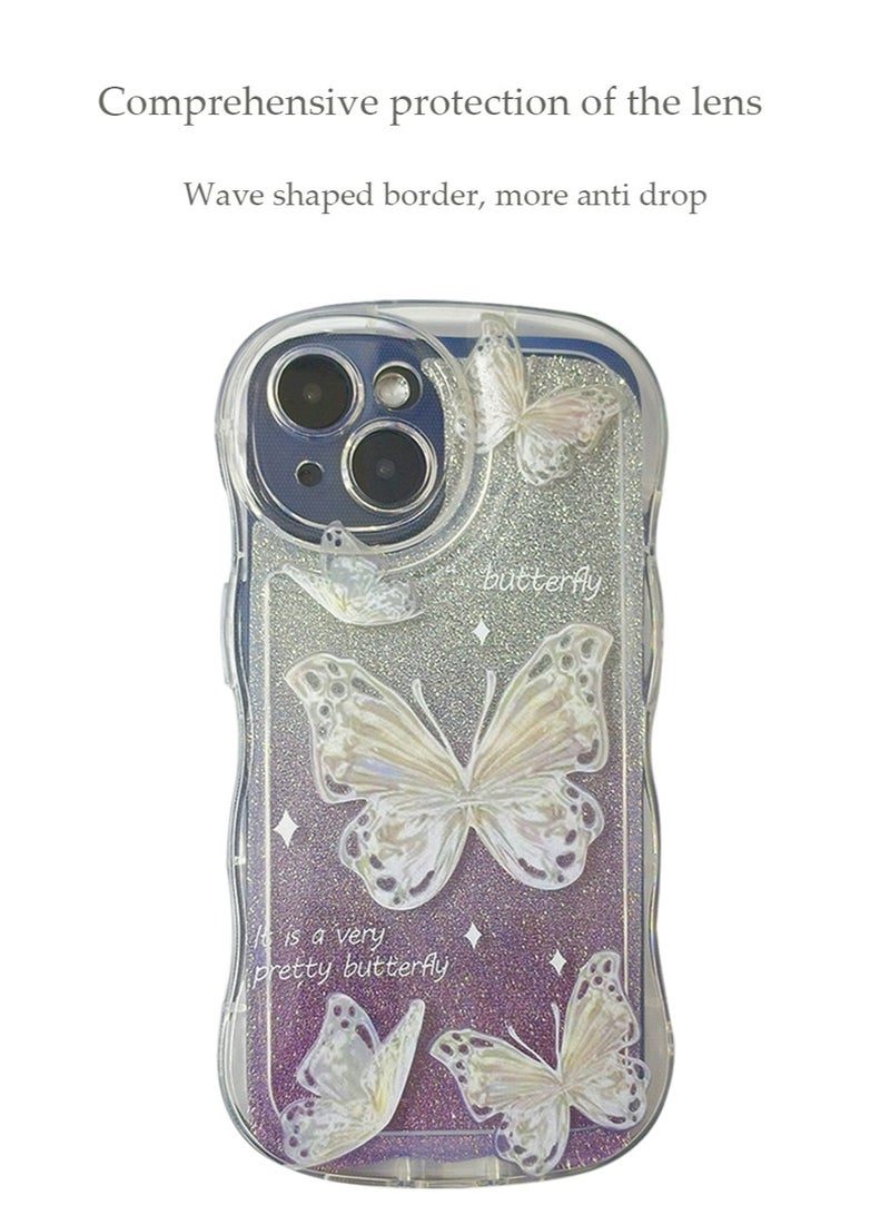 إكس ليفيل غطاء حافظة آيفون 15 بنمط الفراشة مع واقي عدسة الكاميرا حبل حامي حزام معصم مضاد للسقوط للنساء الفتيات، غطاء حماية كامل من مادة TPU الناعمة من الخلف مريح الملمس - Image 2