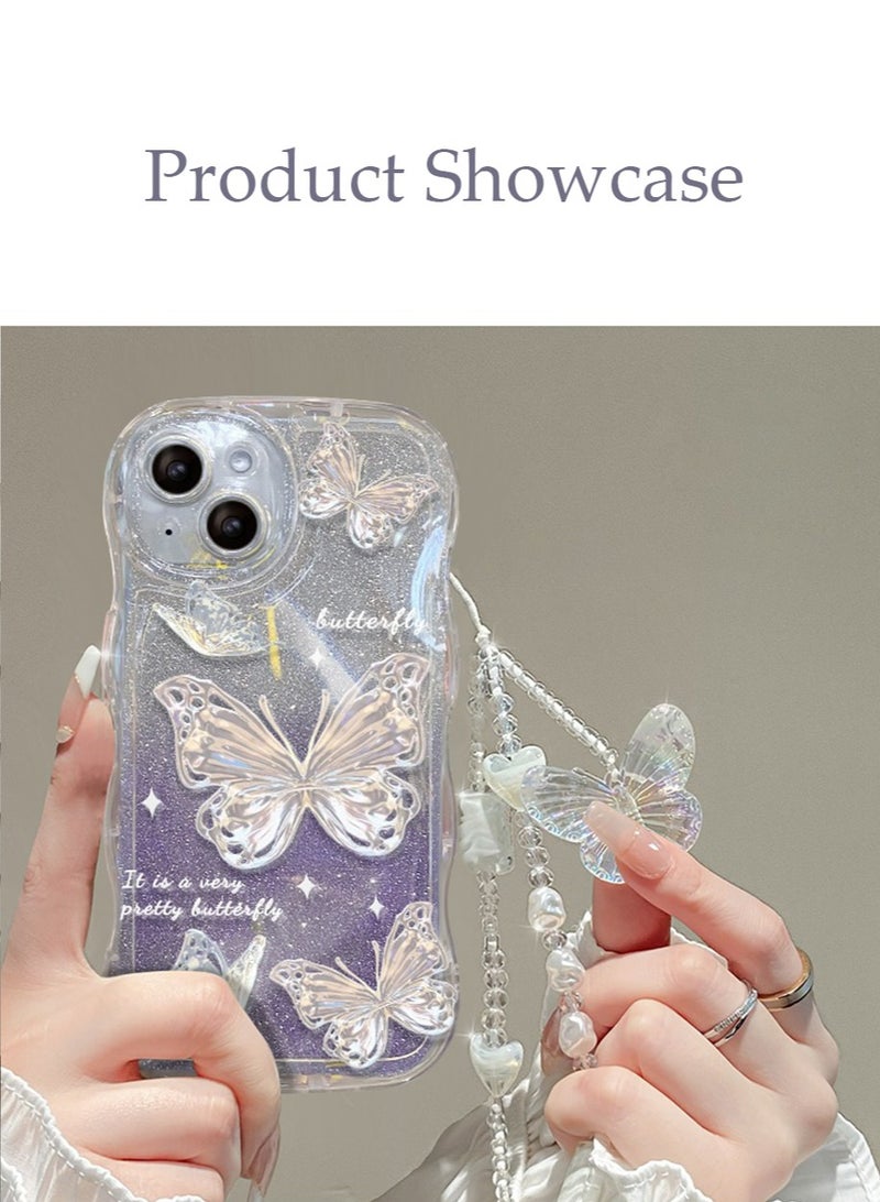 إكس ليفيل غطاء حافظة آيفون 15 بنمط الفراشة مع واقي عدسة الكاميرا حبل حامي حزام معصم مضاد للسقوط للنساء الفتيات، غطاء حماية كامل من مادة TPU الناعمة من الخلف مريح الملمس - Image 5
