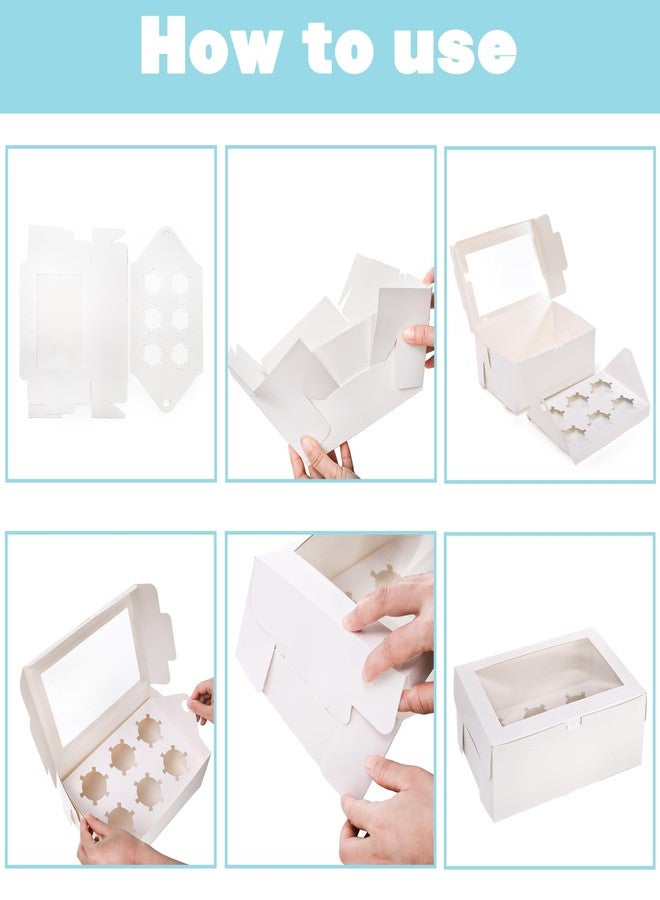 Yesland 30 Pack White Jumbo Cupcake Boxes, 6 Cupcake Containers with Windows, Handle Tray and Inserts, 10 x 6.8 x 4inch Tall Paper Cupcake Holder Carrier for Muffins, Standard or High Creams Cupcakes - Image 5
