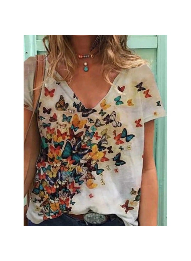European And American New Export Women's V Neck Top Retro Butterfly Print Short-sleeved T-shirt