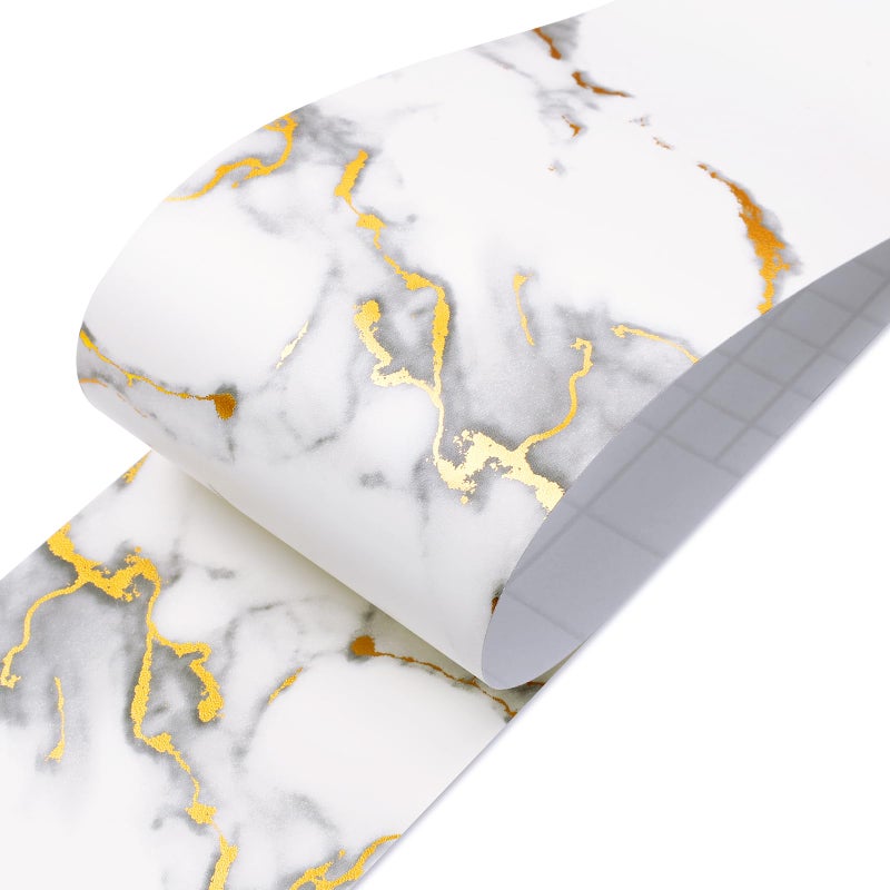 LACHEERY Gold White Marble Wallpaper Border Peel and Stick Bathroom Mirror Frame Border Tape for Mirror Borders Peel and Stick Gold Bulletin Board Borders Trim Sticker Thick Wall Decor Roll 3x197