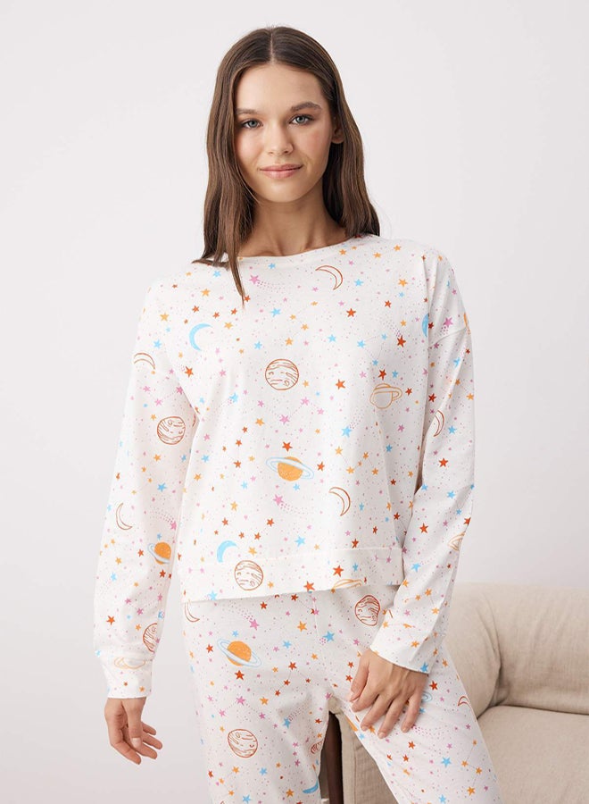 trendyol Ecru 100% Cotton Galaxy Patterned Knitted Pajama Set - Image 2