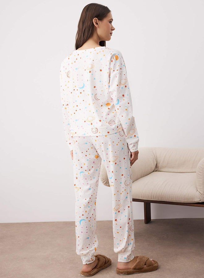 trendyol Ecru 100% Cotton Galaxy Patterned Knitted Pajama Set - Image 4