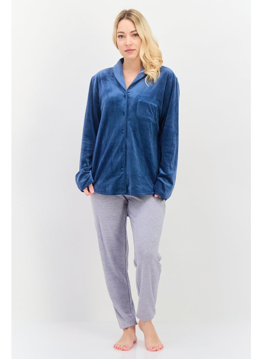 TRIUMPH Women Plain Full Sleeves Night Blouse, Navy Blue  - Image 4