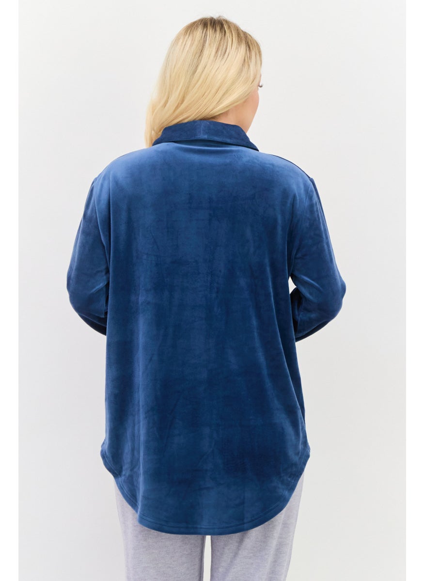 TRIUMPH Women Plain Full Sleeves Night Blouse, Navy Blue  - Image 3