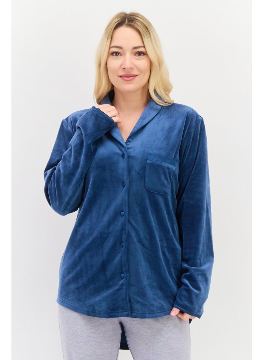 TRIUMPH Women Plain Full Sleeves Night Blouse, Navy Blue  - Image 1