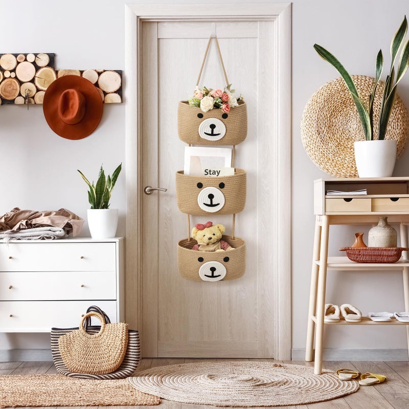 Yiyiring Cute Bear Hanging Baskets, 3-Tier Woven Cotton Wall Mounted Storage Organizer, Decorative Storage Hanging Closet Removable Large Wall Basket for Living Room Bedroom Kitchen - Image 4
