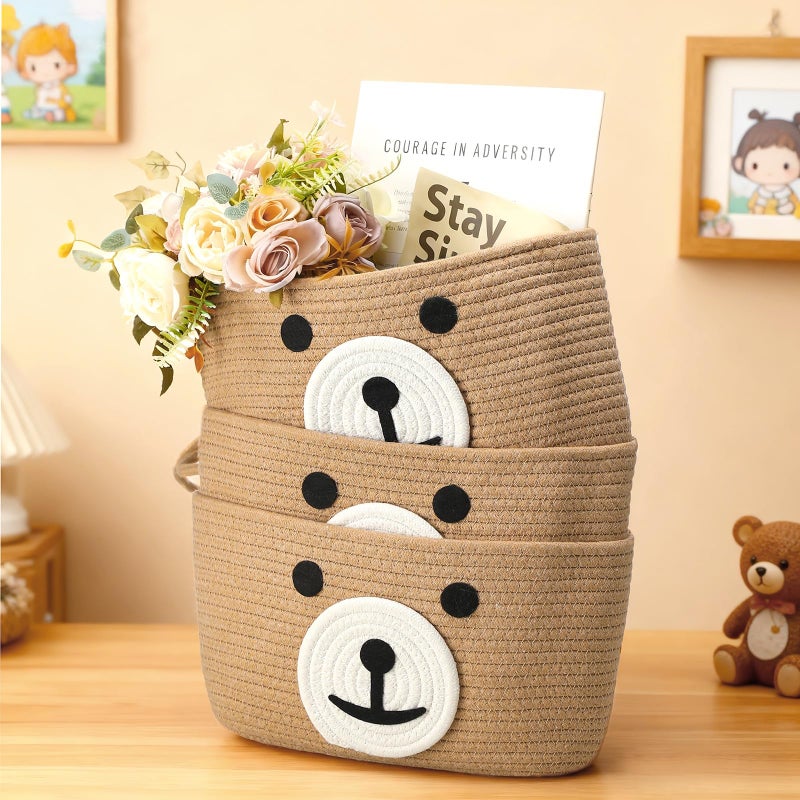 Yiyiring Cute Bear Hanging Baskets, 3-Tier Woven Cotton Wall Mounted Storage Organizer, Decorative Storage Hanging Closet Removable Large Wall Basket for Living Room Bedroom Kitchen - Image 2
