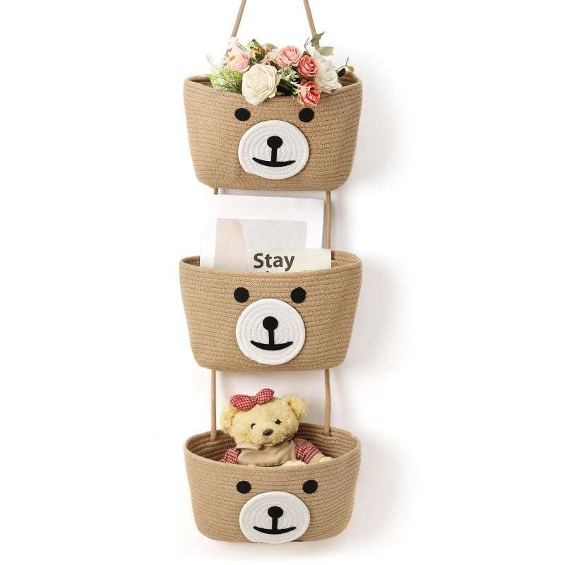 Yiyiring Cute Bear Hanging Baskets, 3-Tier Woven Cotton Wall Mounted Storage Organizer, Decorative Storage Hanging Closet Removable Large Wall Basket for Living Room Bedroom Kitchen - Image 1