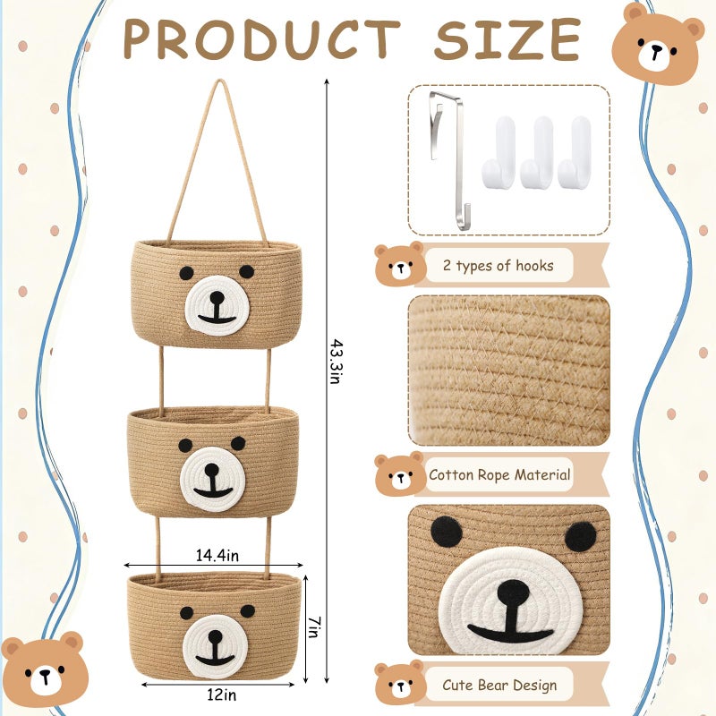 Yiyiring Cute Bear Hanging Baskets, 3-Tier Woven Cotton Wall Mounted Storage Organizer, Decorative Storage Hanging Closet Removable Large Wall Basket for Living Room Bedroom Kitchen - Image 3