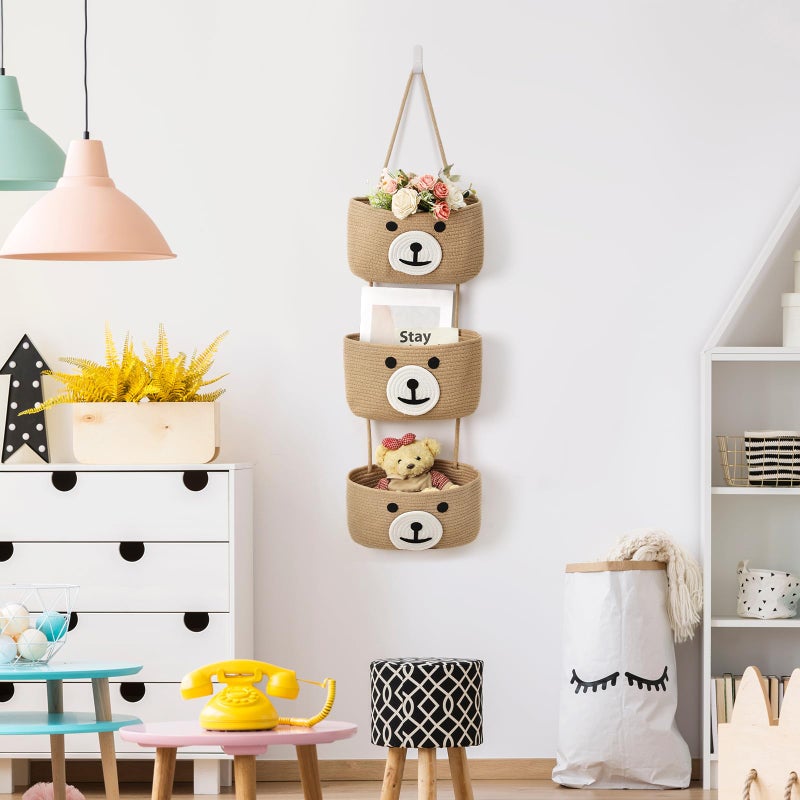 Yiyiring Cute Bear Hanging Baskets, 3-Tier Woven Cotton Wall Mounted Storage Organizer, Decorative Storage Hanging Closet Removable Large Wall Basket for Living Room Bedroom Kitchen - Image 5