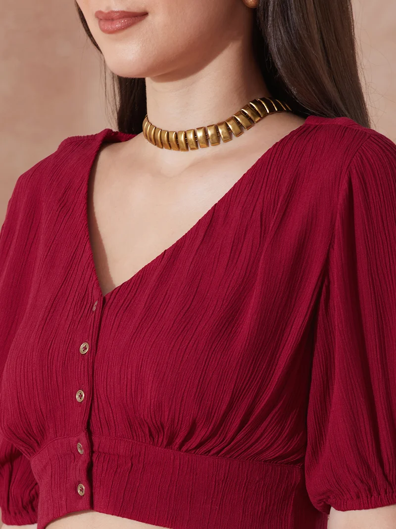 globus Women Pink V-Neck Self Design Button Detail Crop Top with Wide Leg Trousers Co-Ord Set