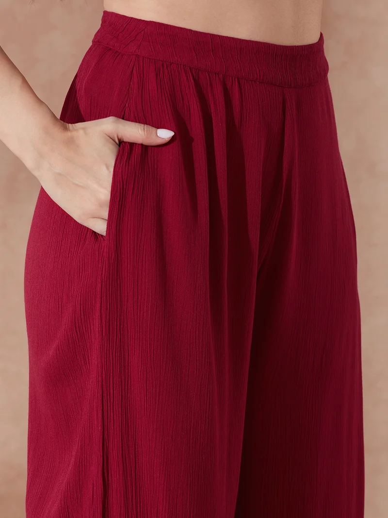 globus Women Pink V-Neck Self Design Button Detail Crop Top with Wide Leg Trousers Co-Ord Set