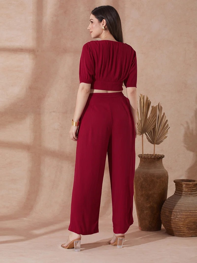 globus Women Pink V-Neck Self Design Button Detail Crop Top with Wide Leg Trousers Co-Ord Set
