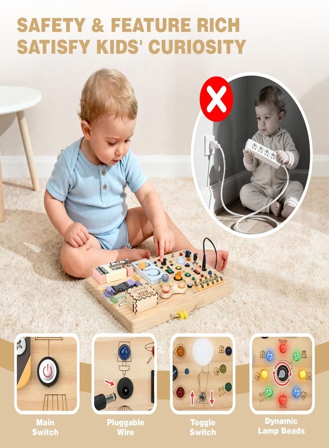 Joyreal Wooden Busy Board Montessori Toys for Toddlers, Sensory Activity Board with LED Lights, Music Box & Locks, Educational Learning Toy Gifts for Boys and Girls - Image 4