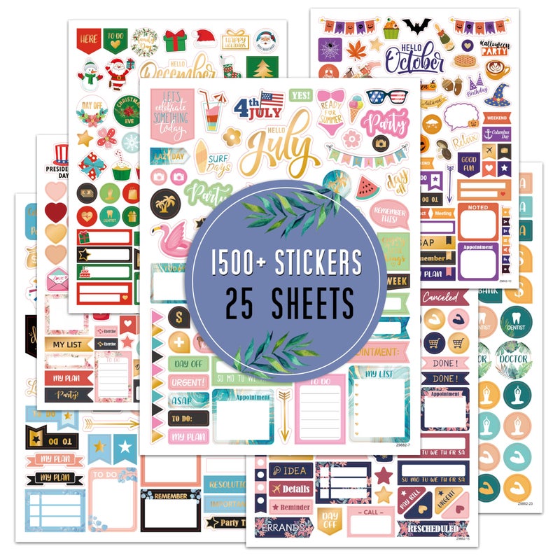 Vondafe Planner Stickers - Monthly Planner Stickers and Accessories 25 Pages 1500 + Stunning Functional and Colorful Designs, Calendar Sticker Includes Festival Theme Journal Sticker - Image 1