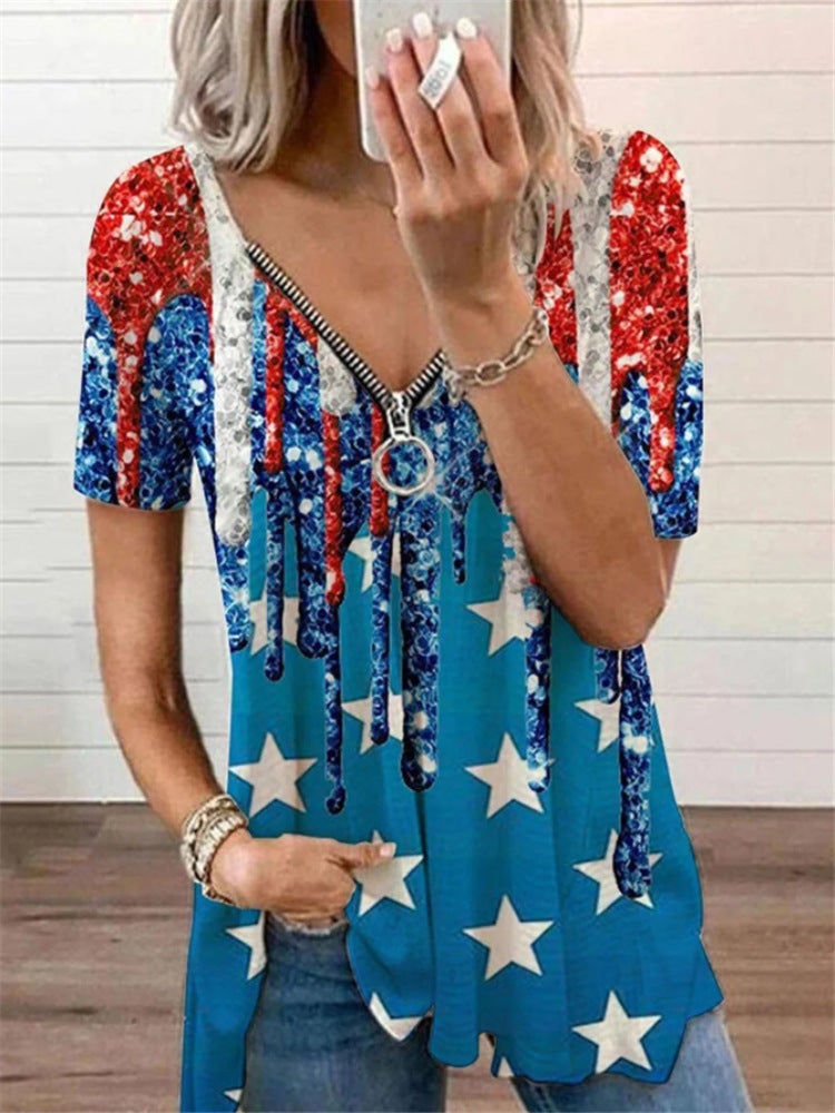 2022 AliExpress wish foreign trade cross-border printing short-sleeved V-neck zipper pullover loose casual T-shirt blue XXL - Image 5