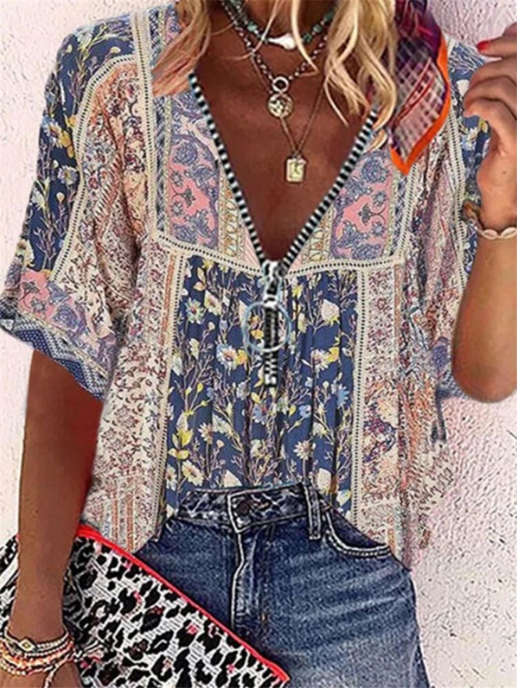 2022 AliExpress wish foreign trade cross-border printing short-sleeved V-neck zipper pullover loose casual T-shirt blue XXL - Image 1