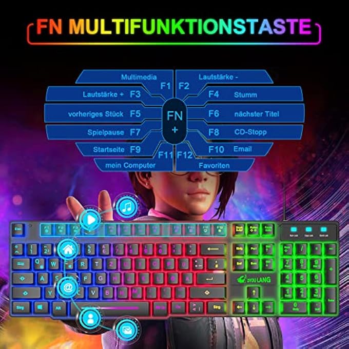 LANG KEYBOARD AND MOUSE SET WITH USB CABLE, GERMAN QWERTZ LAYOUT, LED BACKLIT GAMING, 2400 DPI MOUSE WITH 6 BUTTONS, COMPATIBLE WITH PC, PS5, PS4, XBOX - Image 3