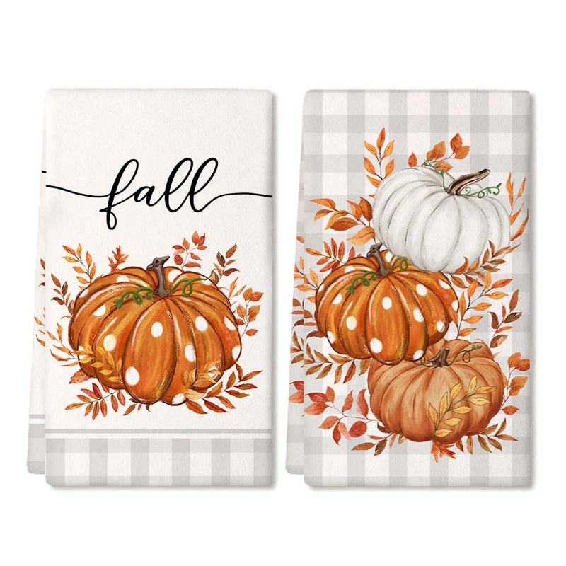 ARKENY Fall Kitchen Towels Set of 2Orange Pumpkin Grey Buffalo Check Autumn Dish Towels 18x26 Inch Drying DishclothFarmhouse Home Decoration AD118