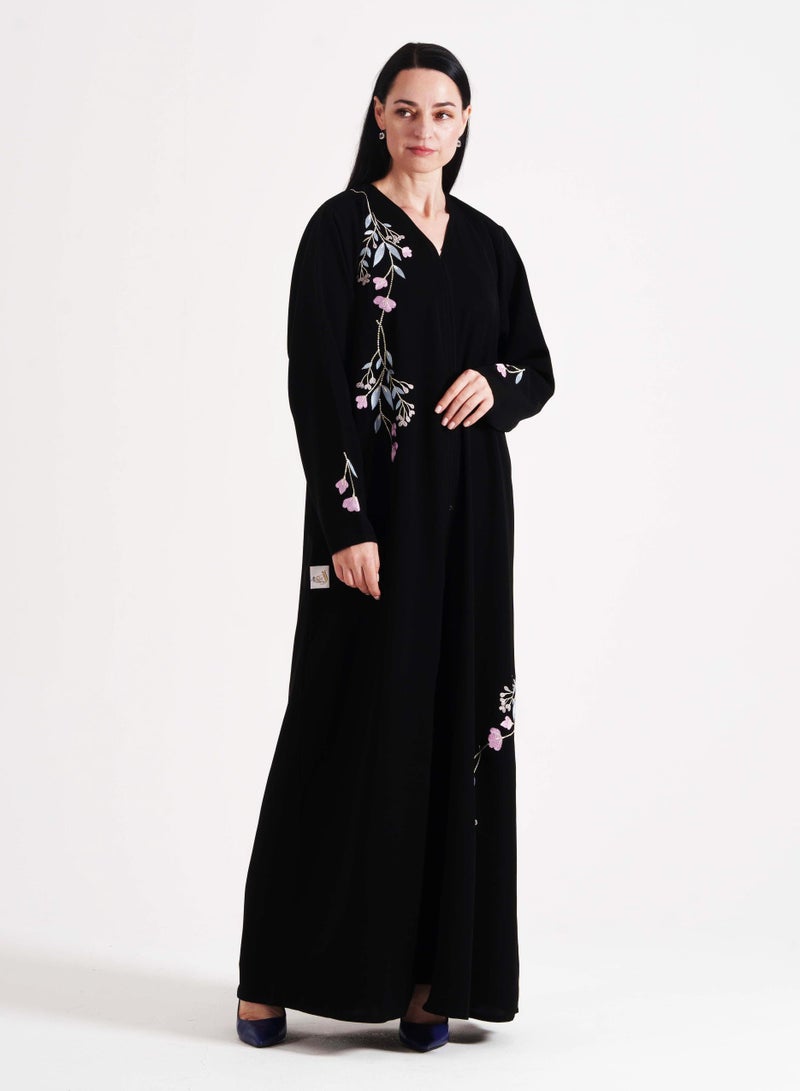 Rosette Abaya Open Abaya With Pink  Colors Embroidery Design - Image 1
