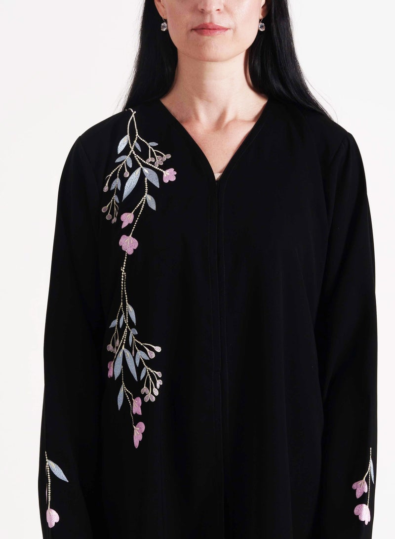 Rosette Abaya Open Abaya With Pink  Colors Embroidery Design - Image 2