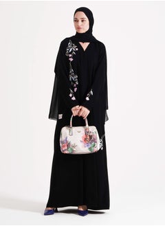Rosette Abaya Open Abaya With Pink  Colors Embroidery Design  - Image 4