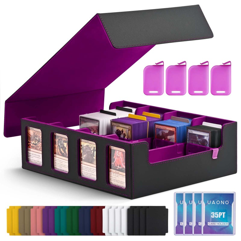 UAONO Trading Card Storage Box with Commander Display 2400 Deck Box for MTG with Removable Cover Top Loaders Card Case fits Magic TCG PTCG Sports Cards 24 Dividers 4 Stoppers Black Purple - Image 2