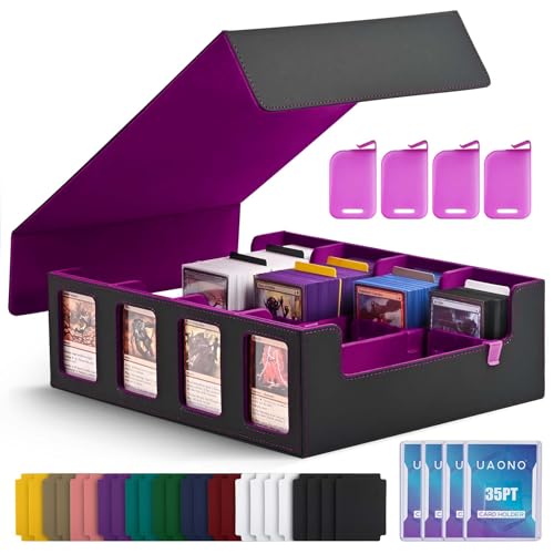 UAONO Trading Card Storage Box with Commander Display 2400 Deck Box for MTG with Removable Cover Top Loaders Card Case fits Magic TCG PTCG Sports Cards 24 Dividers 4 Stoppers Black Purple - Image 1