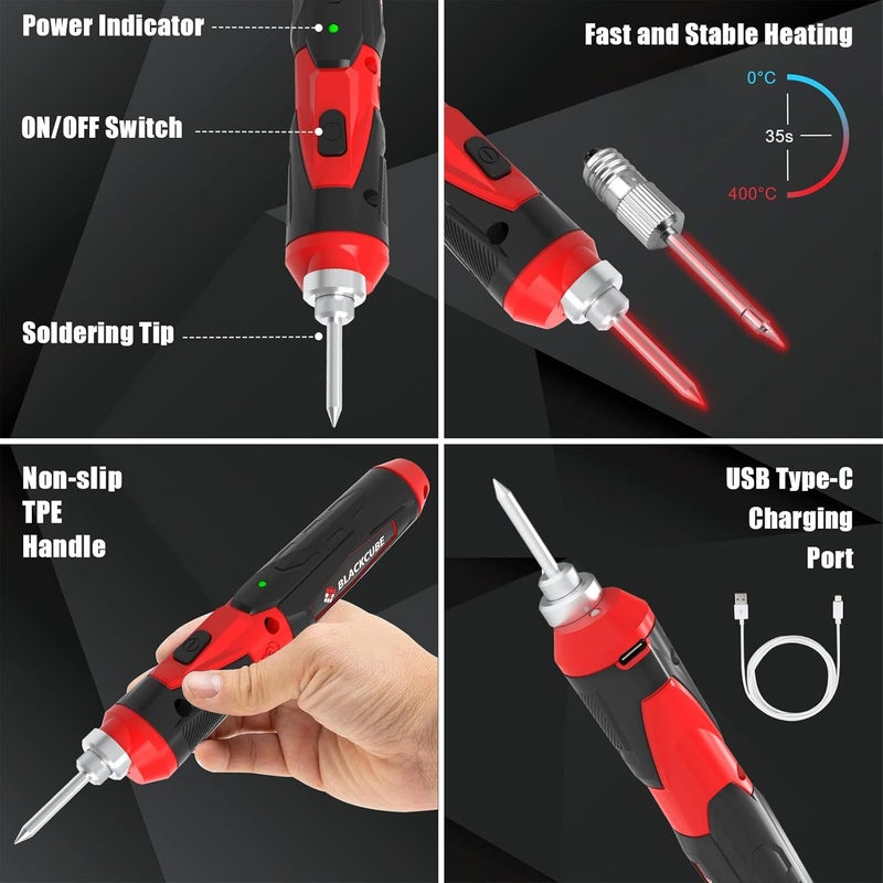 Black Cube Cordless Soldering Iron Kit - Portable 2000mAh USB Rechargeable Soldering Iron Tools with LED Spotlight Max 878℉ Fast Heating 4V Lithium-Ion Battery - Image 3