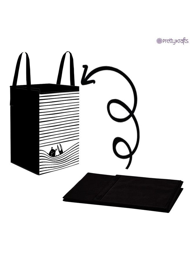PrettyKrafts 75L Non Woven Printed Rectangular Foldable Large Laundry Bag/Basket With Lid & Handle, Freestanding Cloth Storage Organizer for Bedroom (36x36x53cm, Black & White, Set of 1) - Image 4