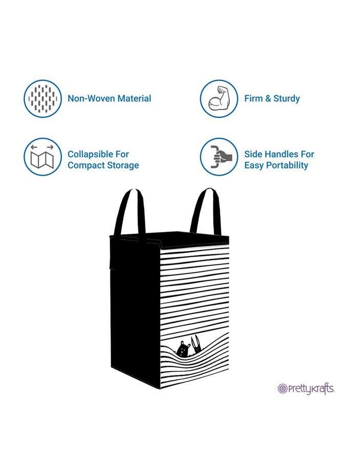 PrettyKrafts 75L Non Woven Printed Rectangular Foldable Large Laundry Bag/Basket With Lid & Handle, Freestanding Cloth Storage Organizer for Bedroom (36x36x53cm, Black & White, Set of 1) - Image 2