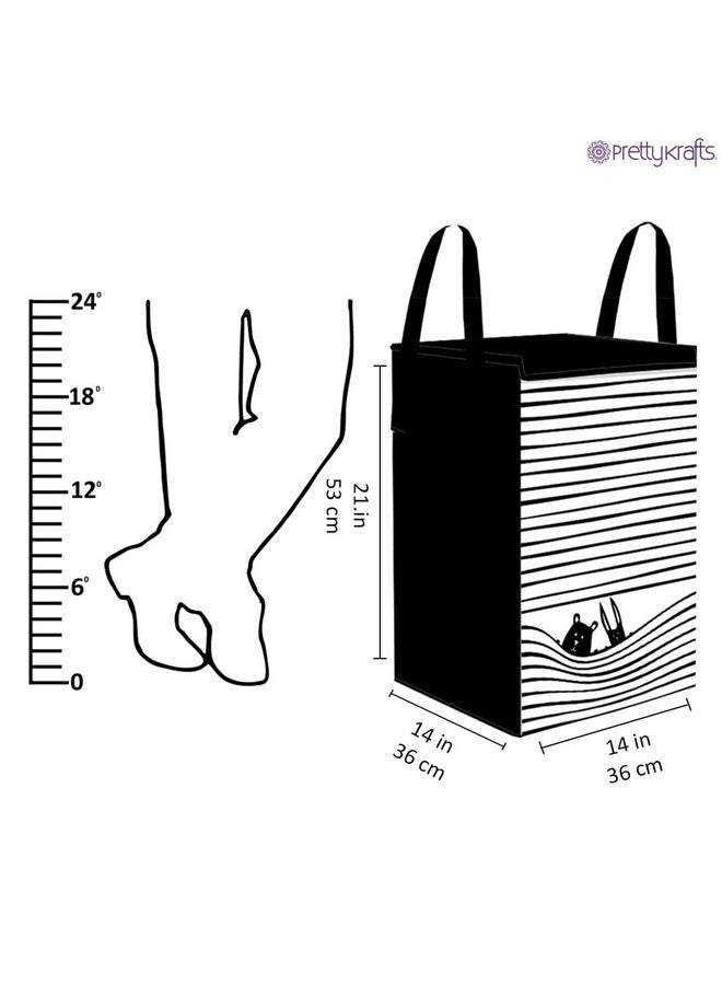 PrettyKrafts 75L Non Woven Printed Rectangular Foldable Large Laundry Bag/Basket With Lid & Handle, Freestanding Cloth Storage Organizer for Bedroom (36x36x53cm, Black & White, Set of 1) - Image 3