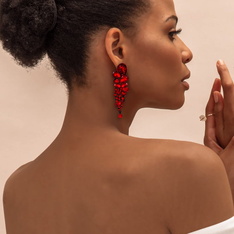 EVER FAITH Women's Wedding Banquet Jewelry Red Crystal Elegant Teardrop Dangle Pierced Earrings Black-Tone - Image 2