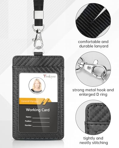 Teskyer Badge Holder with Lanyard, Leather ID Name Badge Card Holder with Lanyard for ID Badges, Vertical, Carbon Fiber Black - Image 2