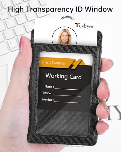 Teskyer Badge Holder with Lanyard, Leather ID Name Badge Card Holder with Lanyard for ID Badges, Vertical, Carbon Fiber Black - Image 3