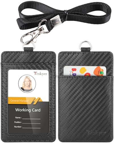 Teskyer Badge Holder with Lanyard, Leather ID Name Badge Card Holder with Lanyard for ID Badges, Vertical, Carbon Fiber Black - Image 1
