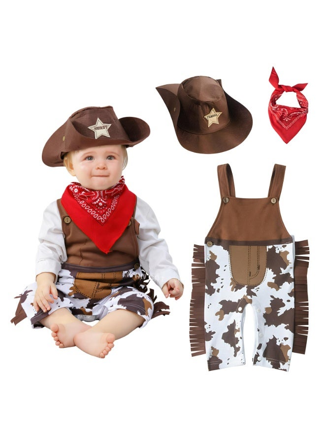 زي كاوبوي للأطفال الصغار - زي كاوبوي أنثوي مع منديل أحمر وقبعة شريف، إكسسوارات حفلات لعب الأدوار للأطفال، هدية عيد الميلاد وعيد الهالوين للأولاد والبنات (18-24 شهرًا) - Image 1