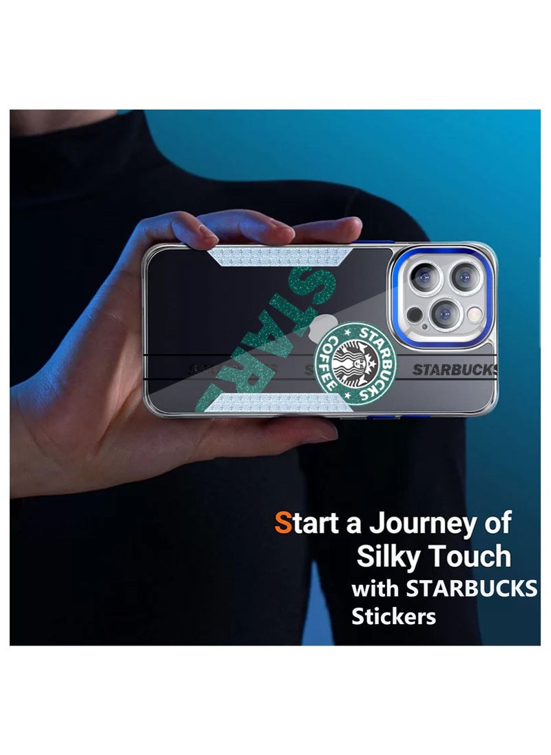 Starbucks Series High Quality Square Edge Cover Full Lens Protective Transparent TPU Case With Stickers For Apple iPhone 14 Pro Max Blue