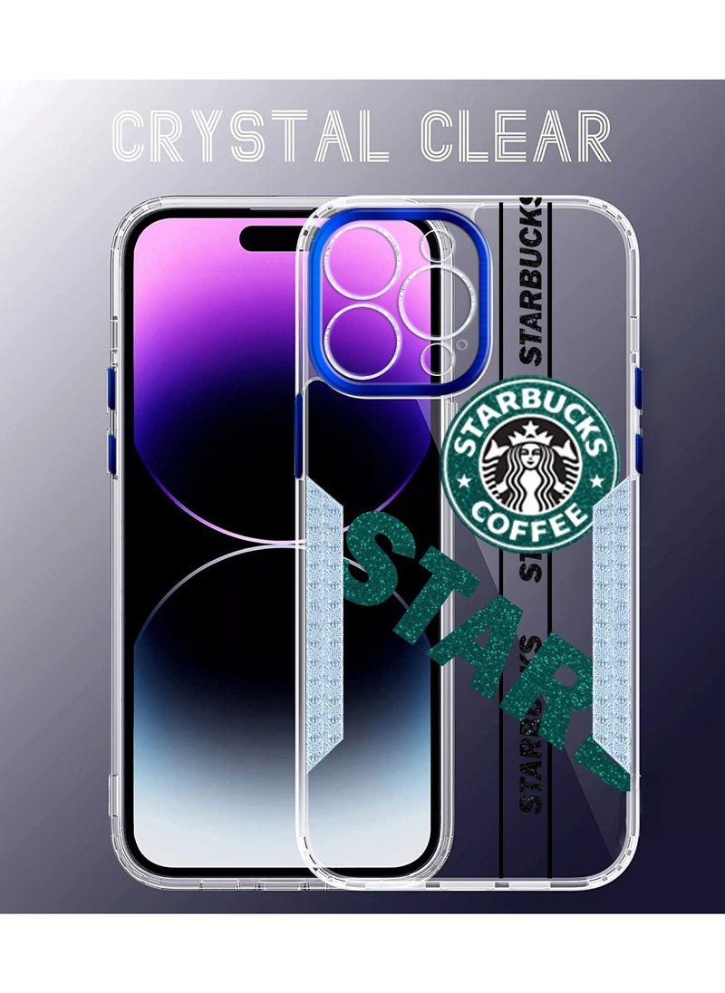 Starbucks Series High Quality Square Edge Cover Full Lens Protective Transparent TPU Case With Stickers For Apple iPhone 14 Pro Max Blue