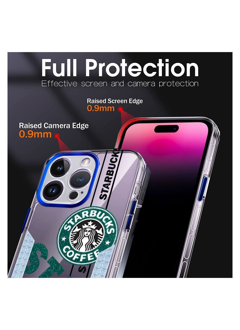 Starbucks Series High Quality Square Edge Cover Full Lens Protective Transparent TPU Case With Stickers For Apple iPhone 14 Pro Max Blue