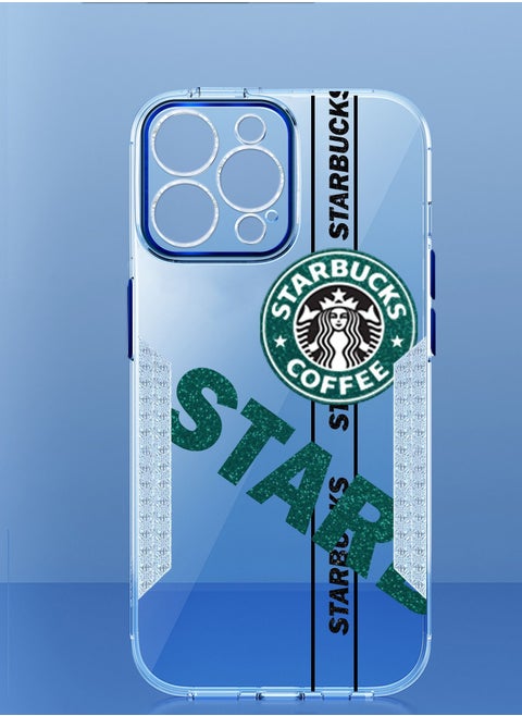 Starbucks Series High Quality Square Edge Cover Full Lens Protective Transparent TPU Case With Stickers For Apple iPhone 14 Pro Max Blue