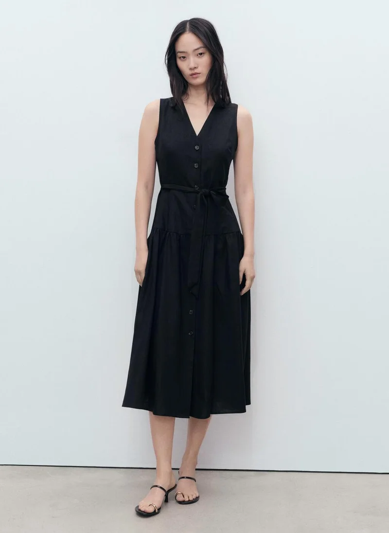 مانجو Linen-Blend Midi-Dress With Belt