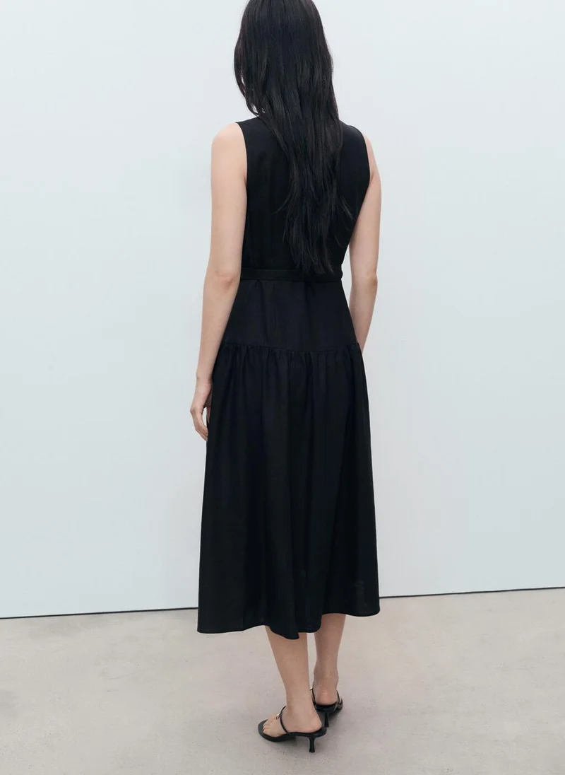 مانجو Linen-Blend Midi-Dress With Belt
