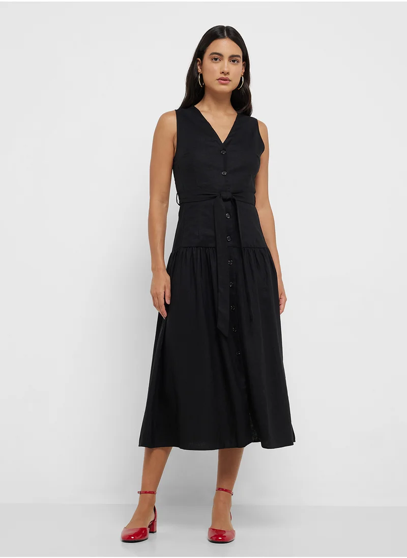 مانجو Linen-Blend Midi-Dress With Belt