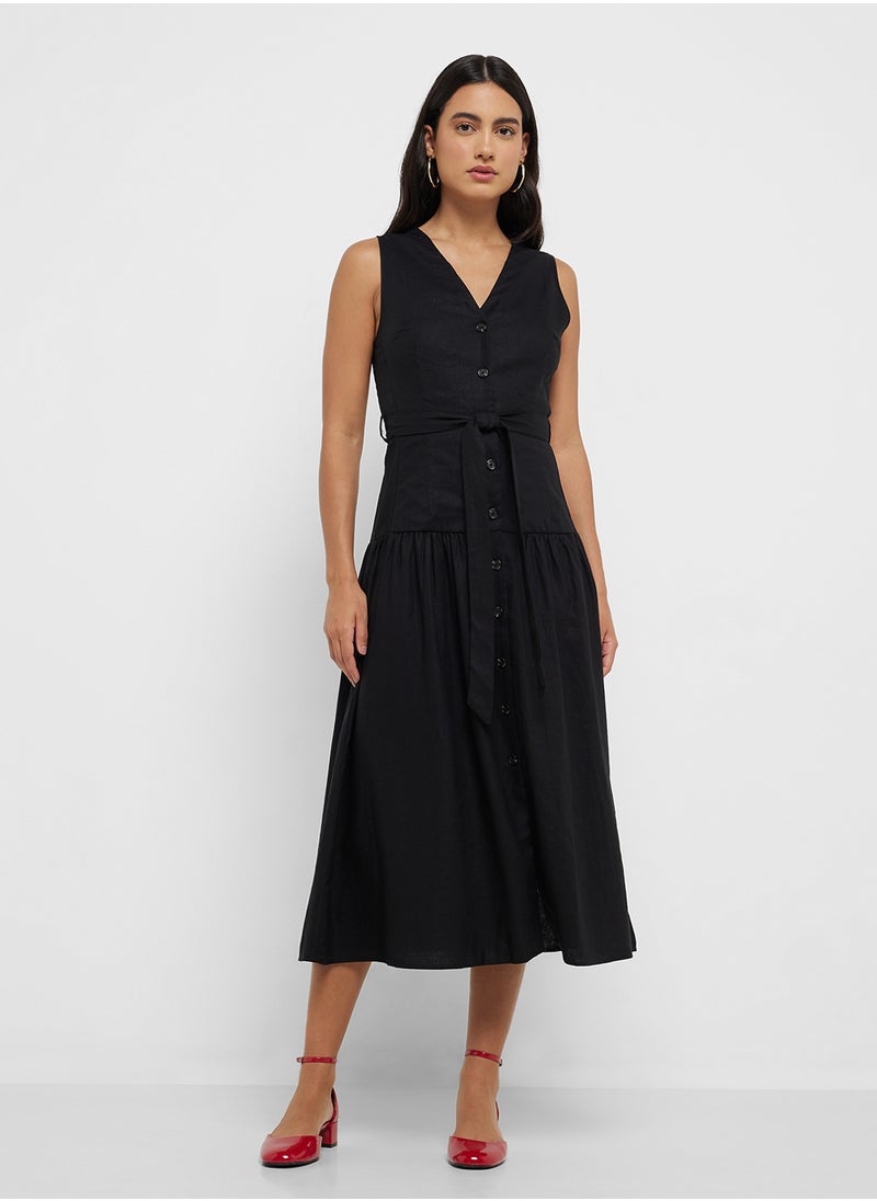 MANGO Linen-Blend Midi-Dress With Belt  - Image 1